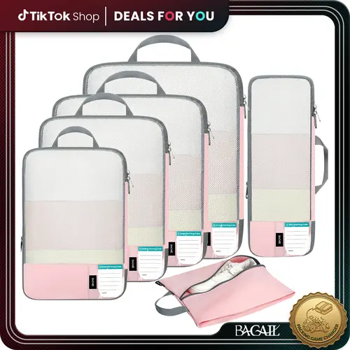 BAGAIL 6-Set Lightweight Nylon Compression Packing Cubes Travel Organizers - Adjustable Space Saver Travel Containers, Re-Sealable Zip Pouches, Antitear Strength Bags, Packing List, Multi-Function Portable Accessories, Dusty Blue, Hand Wash Only