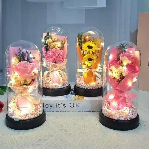 Lighted Acrylic Dome Eternal Rose Bouquet - Preserved Soap Roses, Carnations, Tulips, 3 Pink Decorative Room Decorations, Light-Up Base, Gifts for Women, Home Supplies Bundle (Eternal Rose Bouquet Party Gifts), 3 Pink Flowers