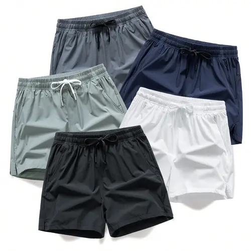 URMCZ Men's 5-Pack Elastic Shorts Set - Quick Dry, Breathable Athletic Bottoms, Nylon Elastane, Sporty Chic Fashion Design, Regular Fit, Reflective Strips, Zipper Pocket, for Gym, Daily Wear