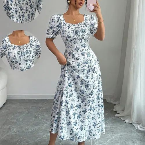 Women's Ditsy Floral Print Square-Neck Dress, Bohemian Daily Wear, Boho Style Dresses, Elegant Short Sleeves, Perfect for Spring/Summer, Stylish and Comfortable, Feminine Casual Dress, Boho Styles Fashion