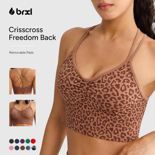 BRXL  Lycra Fabric Sports Bras for Women Longline Crisscross Back Sport Bra Light Impact Strappy Workout Bra Top with Removable Pads