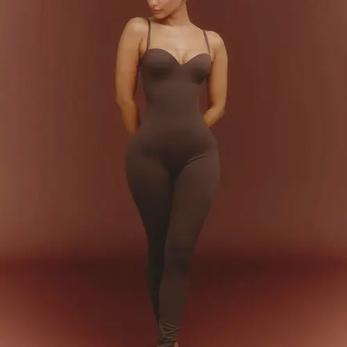 Women's Fashion Minimalist Solid Color Fitted Bodycon Cami Spaghetti Strap Jumpsuit with Detachable Straps, Ideal for Date & Everyday Wear, Comfortable Stylish Summer Wear
