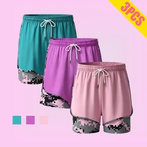 Women's 3-Pack Camo Layered Athletic Shorts - Quick-Drying Polyester Clothing, Ideal for Gym, Running - Women's Athletic Wear Bottoms