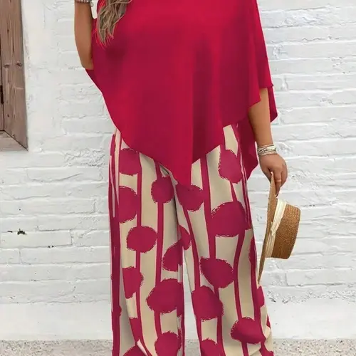 Plus Size Two-Piece Women's Set, Loose Drape Batwing Sleeves Top and Wide Leg Pants, Casual Summer Vacation, Comfortable and Stylish