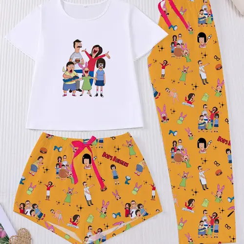 Women's Bob's Burgers Cartoon All-Over Print Pajama Set, Pyjamas, Short-Sleeve & Long Shorts, Casual Loungewear, Lounge Pjs Set, Three-Piece Sleepwear