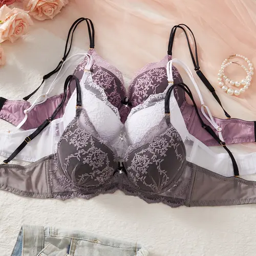 Women's Floral Lace Lingerie Bras 3-Pack, Push-Up Padded Underwire Design, Fit, Medium, Adjustable Straps & Comfortable Everyday Wear, Intimate Bra