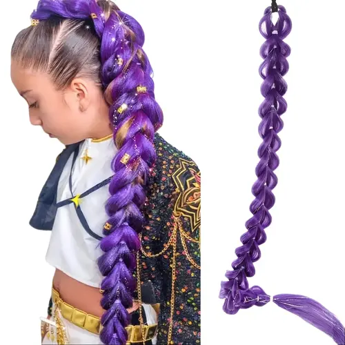 32-Inch Heat-Friendly Synthetic Clip-In Extension - Braided Hair Texture, Easy Clipping In, Purple Braid Ponytail Wig for Anime Kpop Cosplay, Christmas Costumes, Instant Color Change