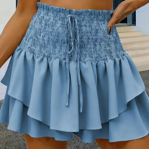 Women's Spring Summer High Waisted Casual Chic Culottes, Ditsy Floral Pattern, Loose-Fitting Tiered Design, Adjustable Tie Front Style, Womenswear, Bottom