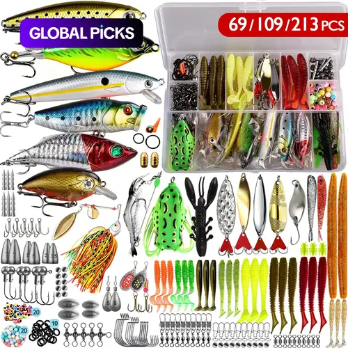 69/109/213pcs Fishing Lures Tackle Box Bass Kit, Fishing Supplies, Including Animated Lure,Crankbaits,Spinnerbaits,Soft Plastic Worms, Topwater Lures,Hooks,Saltwater & Freshwater Fishing Gear for Bass,Trout #GLOBAL PICKS