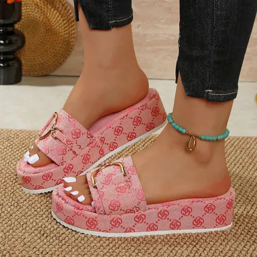 Women's Fashion Casual Thick Sole Chunky Platform Wedge Sandals, Summer Outdoor Beach Slippers, All over Print Textile Shoes