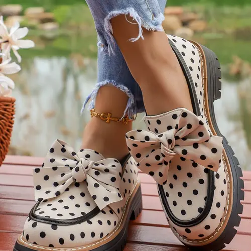 2026 Spring Summer Polka Dot Bow Tie British Style Classic Flatform Loafers, Thick Sole Women's Leather Shoes, British Fashion Shoes