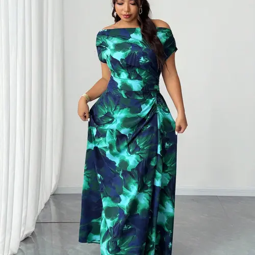 Women's Plus Size Off-Shoulder Long Dress, Ruched Waist Abstract Watercolor Print A-Line Gown for Wedding Parties and Evening Wear, Summer Wedding Guest Dresses