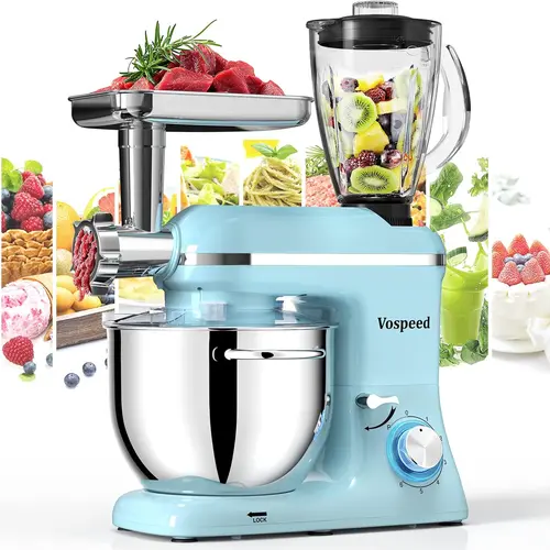 VOSPEED 9-in-1 Tilt-Head Electric Mixer - 850W Kitchen Appliance with 8QT Bowl, 1.5L Glass Juicer Jar, Dough Hook, Whisk, Beater, Meat Grinder, 6 Speeds for Control, Fold Function, Dishwasher Safe for Home Baking, Salad, Stainless Steel
