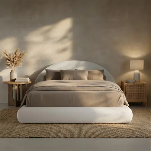RECCI AirFrame Half-Moon Modern Minimalist Queen Upholstered Bed Frame - Indoor Bedroom Furniture, Low Platform Bed, Soft Curved Arched Base, Fully Cushioned Headboard, No Box Spring Needed, Queen Bed Frame,dorm essentials,home decor