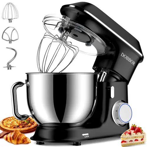 DOBBOR 660W 6-Speed Tilt-Head Food Mixer, 9.5 QT Electric Stand Mixer with Stainless Steel Attachments, Planetary Mix Keeps Batter Even, Pulse for Egg Whites, Splash Guard for Bread, Cake Baking, Kitchen Accessories
