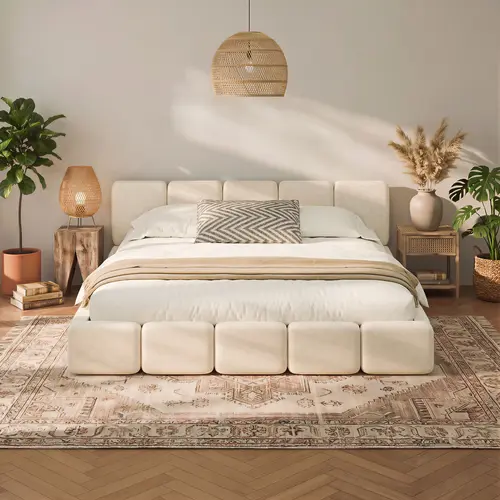 RECCI AirFrame Low Profile Upholstered Bed Frame - Brushed Cotton, Cloud-Inspired Design, Stable Wood Slat Support Platform Bedframe, No Box Spring Needed, Queen Size Indoor Bedroom Furniture, Assembly Required, Upholstered Bed Frames, Silent, Cushioned P