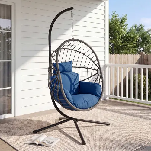 RIWENGO Hanging Chair with Stand, Wicker Rattan Egg Chair with Headrest & Arm Cushions,Indoor Outdoor Use - Perfect for Patio, Bedroom, Living Room