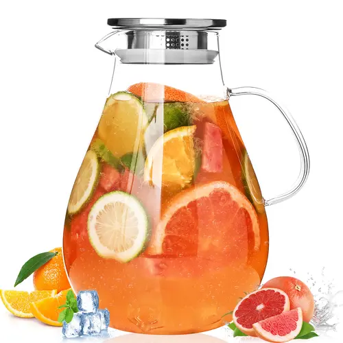 YUNCANG Lead-Free Glass Pitcher with Lid (2.5L/84 FL OZ) - Sturdy Handle for Easy Lifting, Spill-Safe Seal, Leak-Proof Stainless Steel Filter Lid, Measurement Markings, 150°C Microwave Ok, Recyclable Eco-Friendly Heat Resistant Iced Tea Jug Drinkware