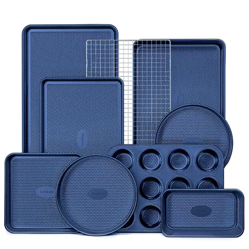 HONGBAKE 9-Piece Multi-Size Diamond Texture Cookie Sheet Set - Heavy-Gauge Carbon Steel, PTFE-Free Nonstick Non-Toxic Bakeware for Daily Baking, Includes 15''x10'' Tray