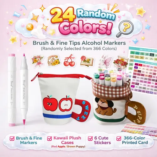 Bianyo 24-Color Brush & Fine Tips Alcohol Marker Set (Randomly Selected from the Full Set ), with Kawaii Plush Case (Red Apple / Brown Puppy), Includes 6 Stickers & 366-Color Printed Swatch Card