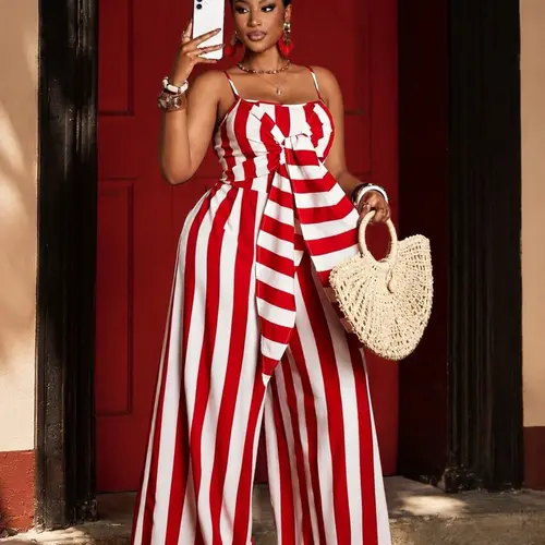 Women's Plus Size Striped Palazzo Smooth Jumpsuit, Thin-Strap Sleeveless V-Neck Front Tie Wide-Leg Pants Style, Casual Vacation Wear for Curvy Women, Womenswear