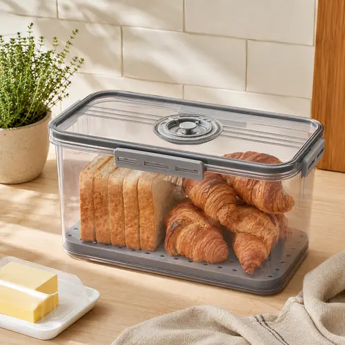 Airtight Bread Box for Kitchen Counter, Large Capacity Food-Safe Storage Container, Clear Plastic Sealed Bin with Lid & Date Tracker, Reusable Organizer for Homemade Bread, Toast, Bagels, Donuts & Cookies, Grey