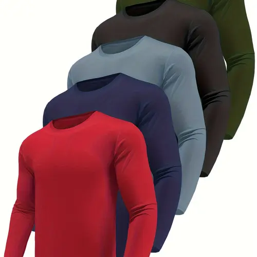 Men's 5-Pack Long Sleeve Crew Neck Workout Tops - Moisture-Wicking, Pill-Resist Fabric Athleisure Sport Shirts for Athletic Running Training, Quick Dry Outdoor Running Sportswear, Workout Top, Running Training Tops