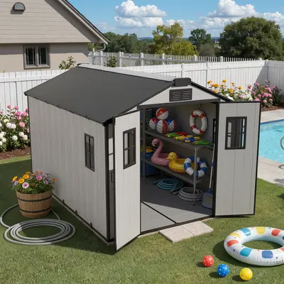 【Summer Vibes】Ovios Resin Outdoor Storage Shed With Floor (8 x 12 Ft), Patio Storage Cabinet with Ventilation openings and windows Weather Resistant Gray Organization for Home/Backyard/Garden Tools/Lawn Mower/Bike Storage/Pool Supplies