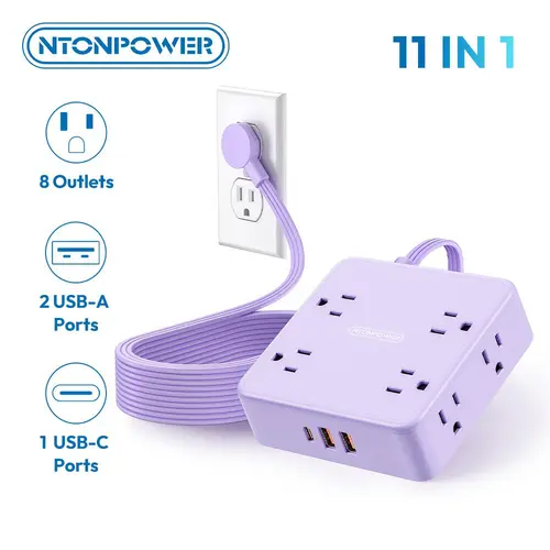 NTONPOWER Flat Extension Cord, 11-in-1  Power Strip with Surge Protector, 8 Outlets & 3 USB Ports, 3-Prong, Wall-Mount Outlet Extender, Indoor Multiple Outlets for Home & Office