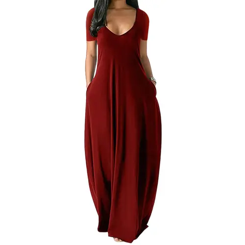 PHEFEE Women's Casual Short-Sleeve V-Neck Maxi Dress - Soft Polyester-Spandex Fabric, Loose Relaxed Fit, Elongating Mid-Waist, Pockets, Versatile Summer Lounge Wear for Plus Size Clothes