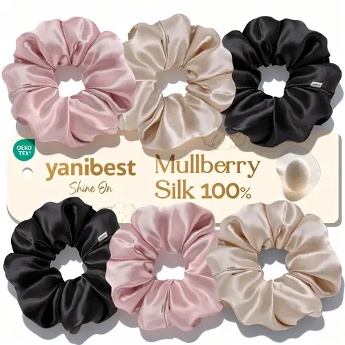 YANIBEST Women's 6-Pack 22 Momme 100% Mulberry Silk Scrunchies, Plain Hairbands & Scrunchies with Strong Hold, No Damage, Hand Wash Safe for Coily Hair, Gift Set Silk Hair Ties