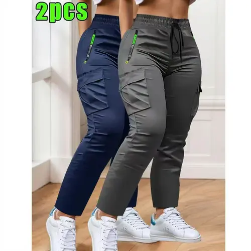 Women’s lightweight spring/autumn casual cargo pants with a drawstring elastic waistband and two large 3D pockets featuring zippers—stylish printed design suitable for outdoor sports like cycling, running, fitness, jogging, hiking, and everyday wear.,summ
