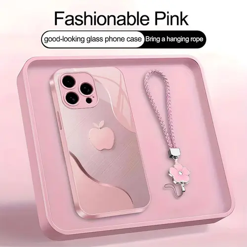 Luxury Faux Brushed Metal Texture Smartphone Case - Glossy Glass Feel 2D Printed Cellphone Casing with Flower Lanyard, Easter Spring Gift for iPhone & Samsung, Mobile Phone Protection Accessories.985