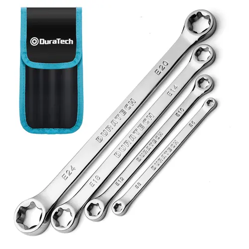 #backtoschool DURATECH 4-Piece E-Torx Wrench Set, Double Box End Wrench Set, CR-V Steel, Including E6*E8, E10*E12, E14*E18 and E20*E24, Organized in Pouch