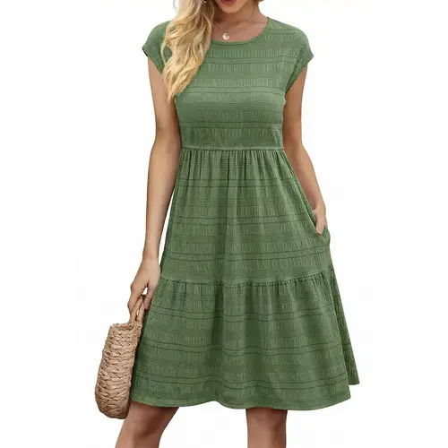 Shewin Women's Round Neck Cap Sleeve Textured Tiered Midi Dress - Minimalist, Body-Friendly Basic Casual Dress with Elastic Waist, Side Pocket, Sundress for Daily Outings, Women's Clothes DealsForYouDays