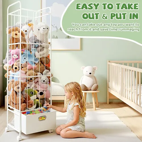 Tall Metal Stuffed Animal Storage Zoo, Plush Toy Organizer with Fabric Drawer & Wheels – Holds 20+ Stuffed Animals, Vertical Plush Cage with Elastic Bands for Nursery, Playroom, Corner.