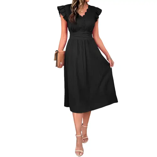 Shewin Women's Minimalist Casual Pull-On V-Neck Ruffled Cap Sleeve Scalloped Lace Trim Midi Dress - 35% Polyester-Elastane Textured Viscose Blend, Ruched Waist, A-Line Fit, Plain, Airy Weave Keeps You Fresh, Imported for Daily Wear, Going Out