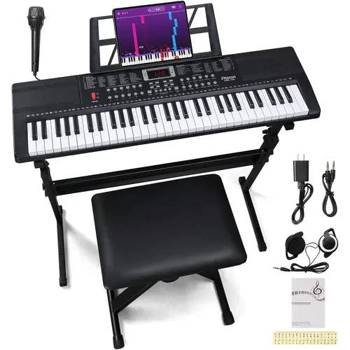 Glarry 61-Key Digital Electronic Piano Keyboard for Beginners, Full Size H-Stand Classic Black Set with Headphones, Microphone (Mic Vocal Mode), Music Rest, Power Adapter, Bench, Manual for Music Learning