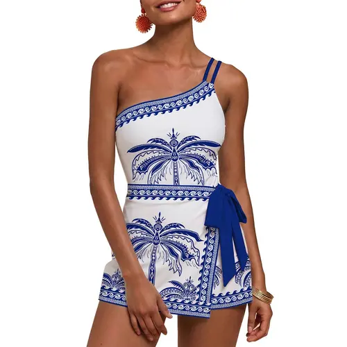 Aleumdr Two-Piece Swim Dress Tankini Set One Shoulder Floral for Women with Adjustable Strap, Waist Tie, Ruched Detail, Flattering Tummy Control Swimsuit SwimWeek Vacationoutfits Summerstyle