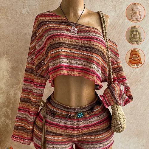 2 Pcs Women's Colorful Striped Asymmetrical Shoulder Long Sleeve Top And Shorts Set Lightweight for Summer Vacation, Stylish Two-Piece Ensemble, Perfect for Travel and Daily Wear, Shortie Set