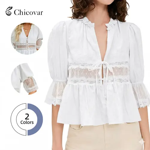 Chicovar Women's Lace Blouse - Tie Front, Puff Sleeve, Ruffle Hem, Babydoll Top,  Daily Wear, Casual Wear, Travel, Vacation, Summervibes