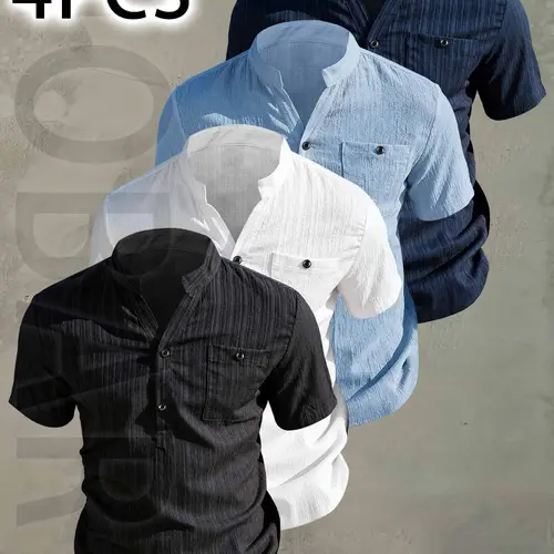 4Pcs Men's Summer V-Neck Short Sleeve Shirt - Lightweight Breathable Plain Button-Up, Button Front Shirt Casual Shirt with Stand Collar, with pockets, Machine Washable for Tropical Beach Vacation, Pool Party & Casual Attire, Casual Beach Shirts