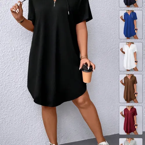 Women's Plus Size Half Zip Hoodie Dress Short Sleeve Casual T-Shirt Dresses Curved Hem Drawstring Adjustable Loose Fit Tummy Control Loungewear Athleisure Daily Outfits Trendy Basic