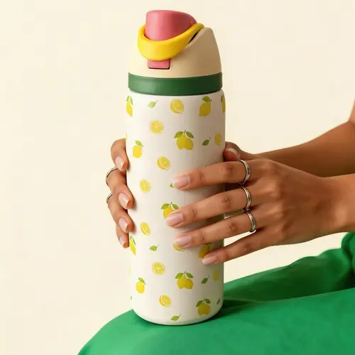 Double Layer Stainless Steel Insulated Cup, Double Wall Insulated Travel Cup, Tumbler, Flasks, Drinkware, Lemon Element Design, Ideal for Cold Beverages & Hot Drinks, Perfect Gift for Any Occasion