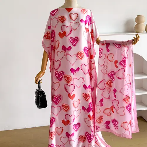 Women's Elegant Floral Pattern Robe Set, Long Dress + Headscarf Scarf Hairband, Beach Sun Protection Satin Shawl