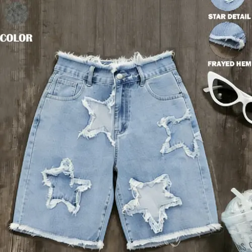 Women's Y2K Vibe Summer Ripped-Edge Casual Denim Shorts with Star Pattern and Button, Loose-Fit Knee-Length Mid-Waist Design Bottoms for Parties