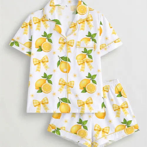 Women's Lemon & Bowknot Print Pyjama Set, Short Sleeve Button-Up Top & Elastic Waist Shorts, Casual Sleepwear & Loungewear for All Seasons, Pajamas