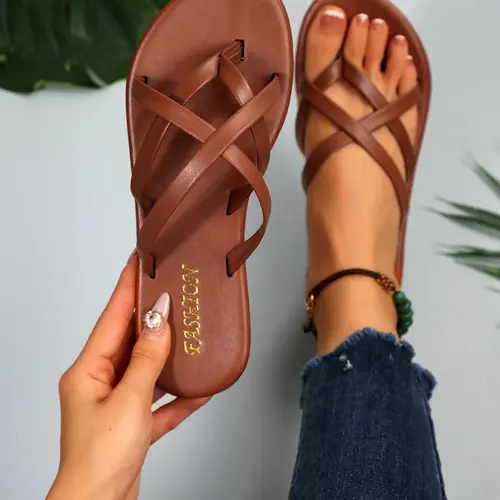 Spring Summer Women's Cross Strap Sandals, Open-Toe Flat Slippers, Beach Home Outdoor Casual Slides, Beach Slides Footwear, Artificial Leather, PVC Sole