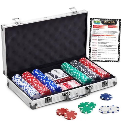 Gamie Unisex Aluminum Case Portable Poker Set, Colorful Composite Resin Card Game Box with 300 Chips, 2 Playing Card Decks, 5 Dice, Velvet-Soft Inserts, Deluxe Game Night Supplies, Best Gift Idea for Teens & Adults