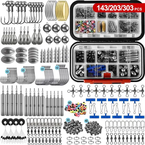 143/203/303 Piece Fishing Gear Accessories Kit, Includes Fishing Box, Hooks, Lures, Weights, Rings, Suitable for Bass, Trout, Salmon, Fishing Tackle Kit, Fishing Gear Supplies, Fishing Equipment, Fishing Stuff
